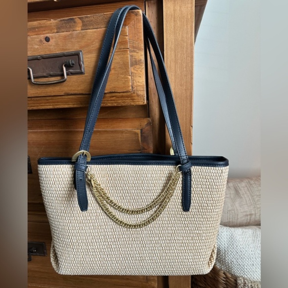 Zac Posen Natural Straw Tote with Navy Trim & Gold Chain